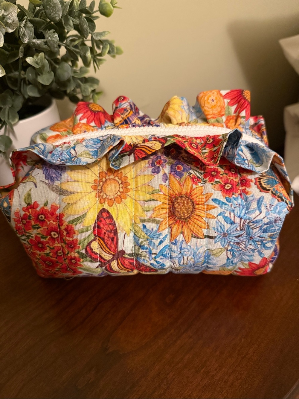 Sunflower & Butterfly Floral Ruffled Cosmetic Pouch - Multicolor